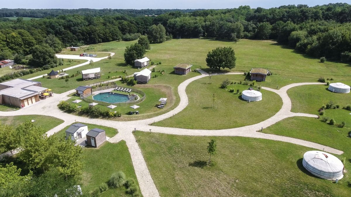 Aerial view drone Domaine EcÔtelia Glamping Site