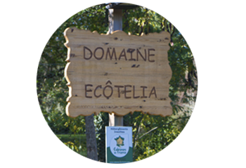 entry sign in Domaine EcÔtelia glamping site 